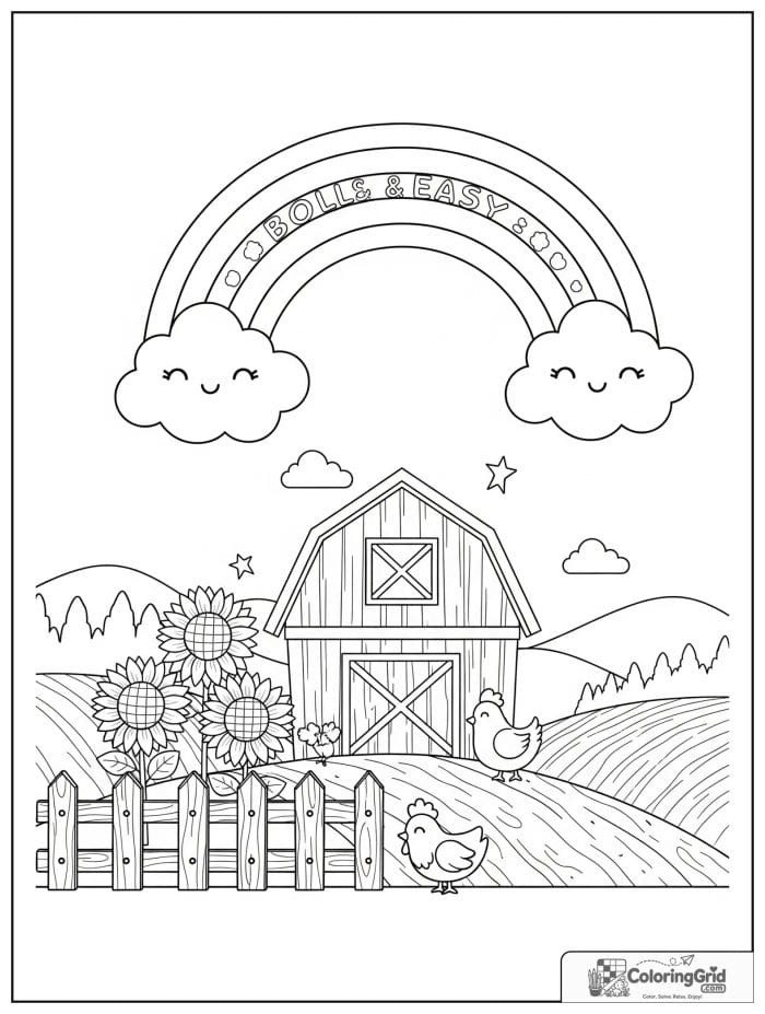 Bold and easy cozy rainbow over a farm barn scene.