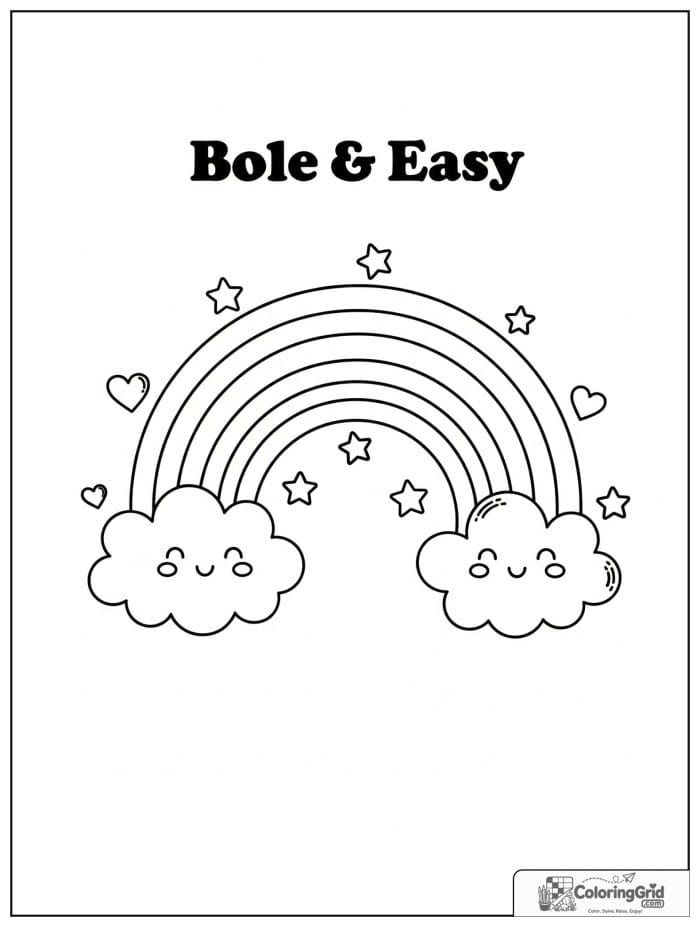 Bold and easy kawaii rainbow over fluffy clouds and stars.