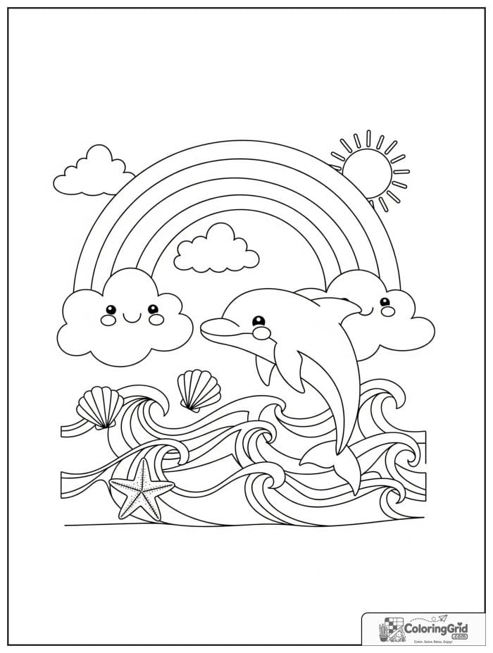 Bold and easy cozy rainbow over the ocean with a dolphin.