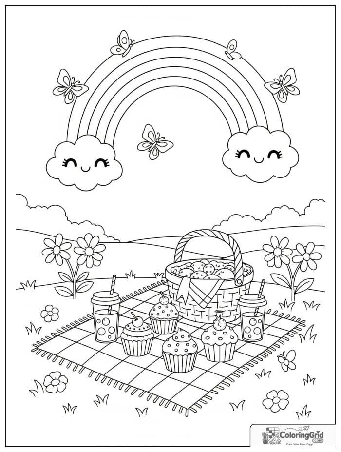 Bold and easy cozy rainbow over a picnic scene.