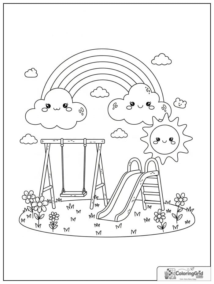 Bold and easy cozy rainbow over a playground scene.