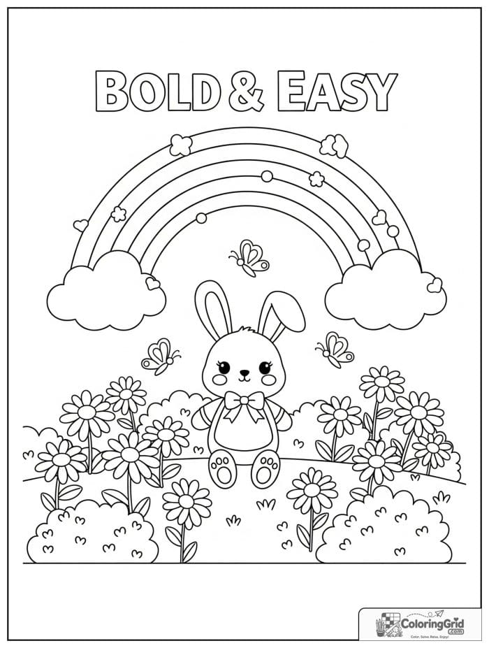 Bold and easy cozy rainbow with bunny in a flower field.