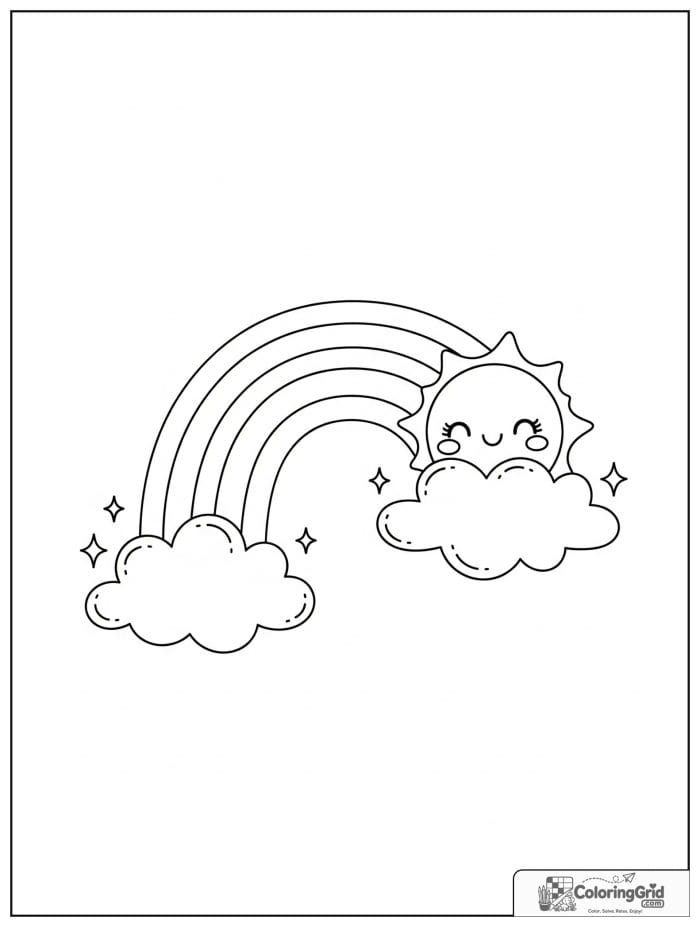 Bold and easy kawaii rainbow with smiling sun and clouds.