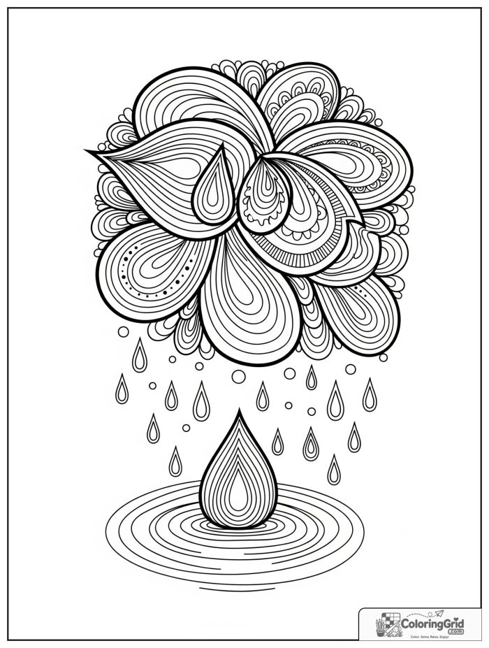Relaxing raindrop mandala with ripple rings and layered arcs.