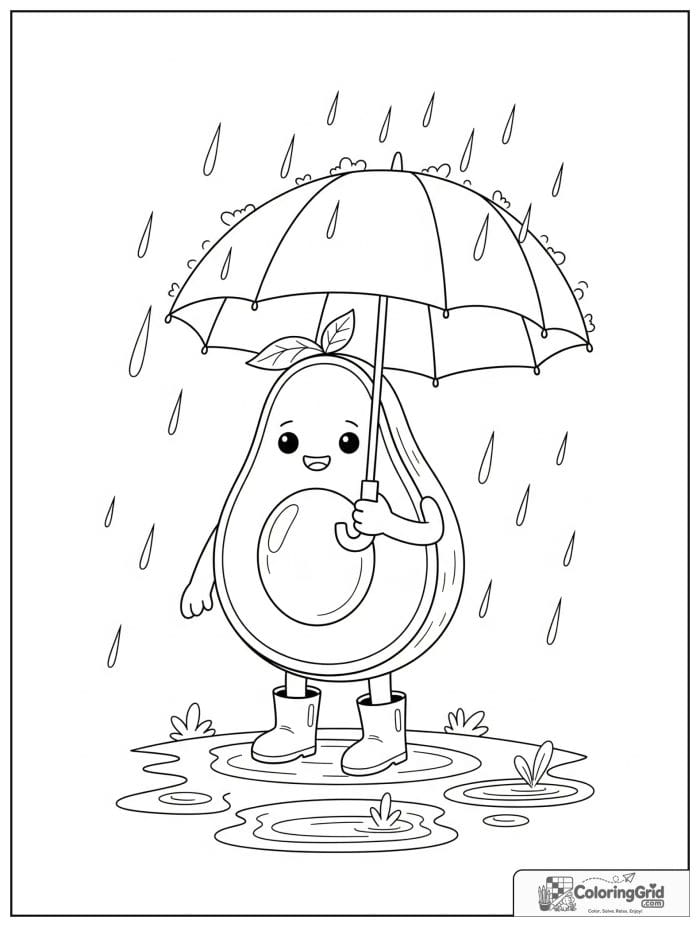 Rainy day avocado with umbrella for avocado coloring pages
