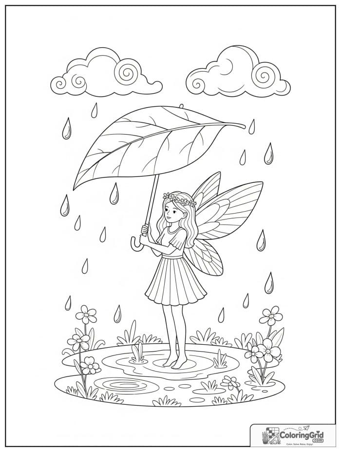 Fairy coloring page featuring a fairy with an umbrella in the rain.