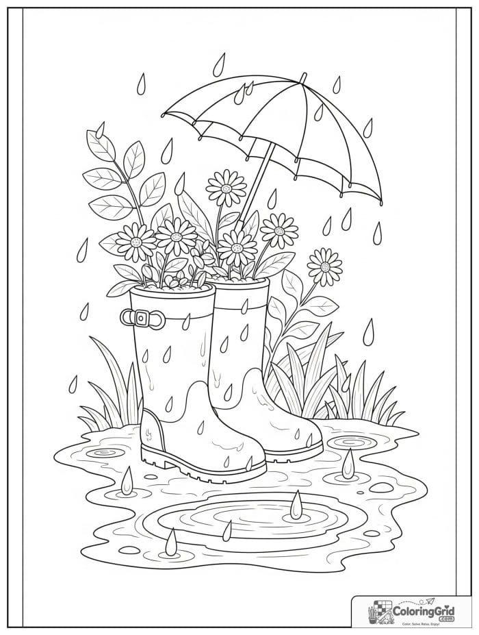 Garden coloring page featuring rainy garden boots filled with flowers.