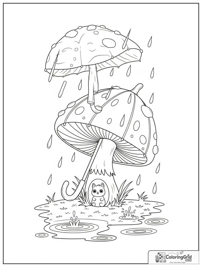 Rainy mushroom umbrella scene in black and white