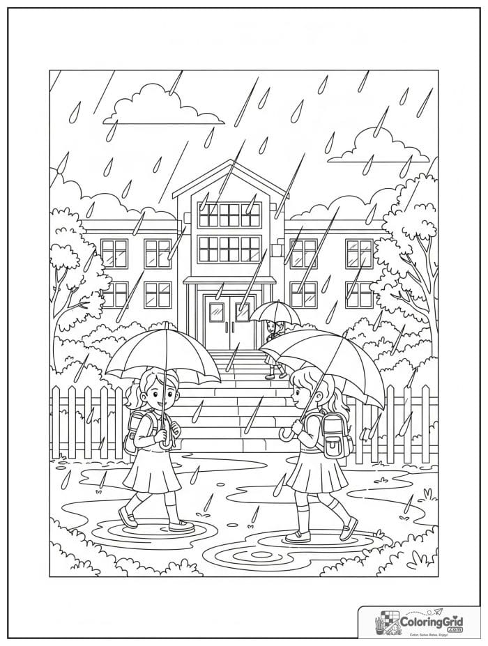 Back to school coloring page featuring a rainy school day scene.