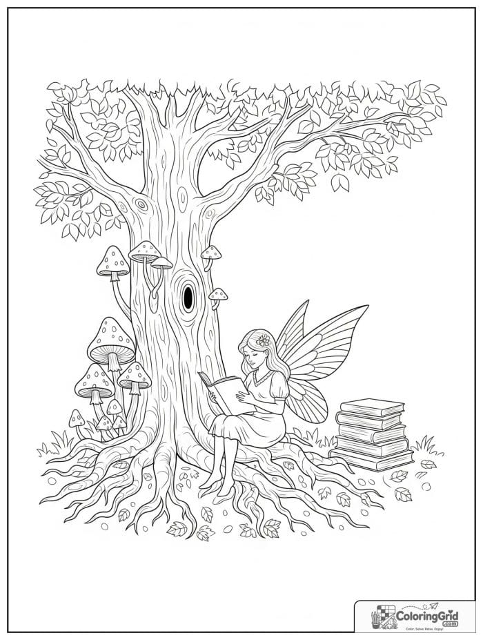 Fairy coloring page featuring a fairy reading under a tree.