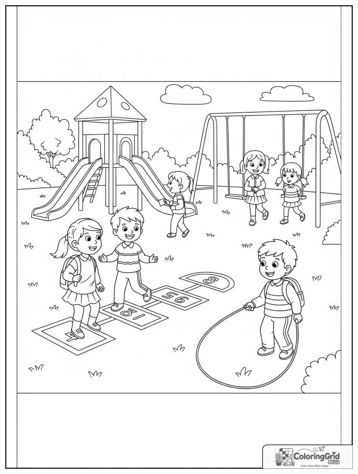 Back to school coloring page featuring children playing at recess.