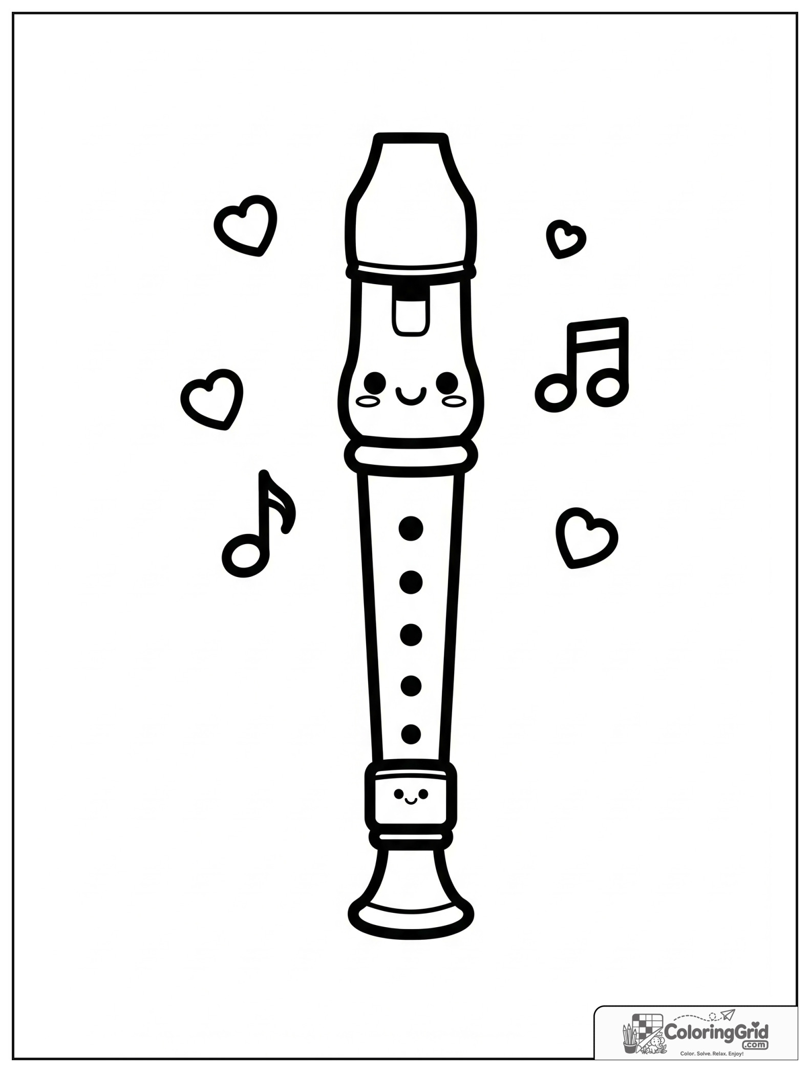Cute smiling recorder with small heart and music note decorations.