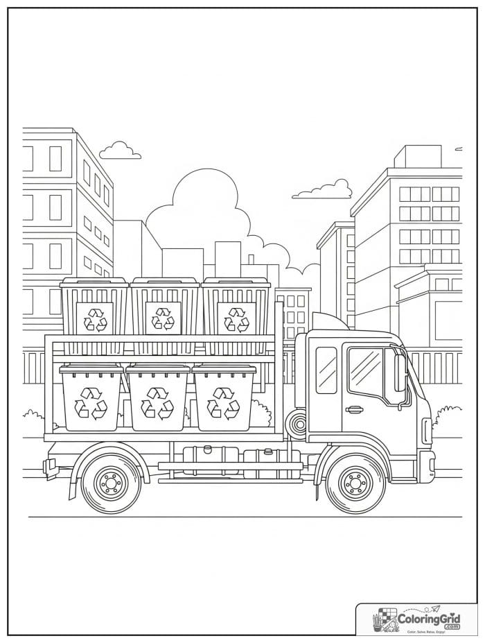 Truck coloring page featuring a recycling truck on a city block.