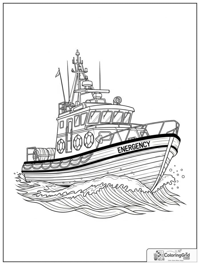 Boat coloring page featuring a rescue boat on the waves.