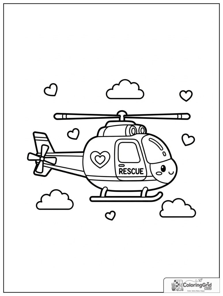 Cute rescue helicopter with a heart emblem and small cloud decorations.