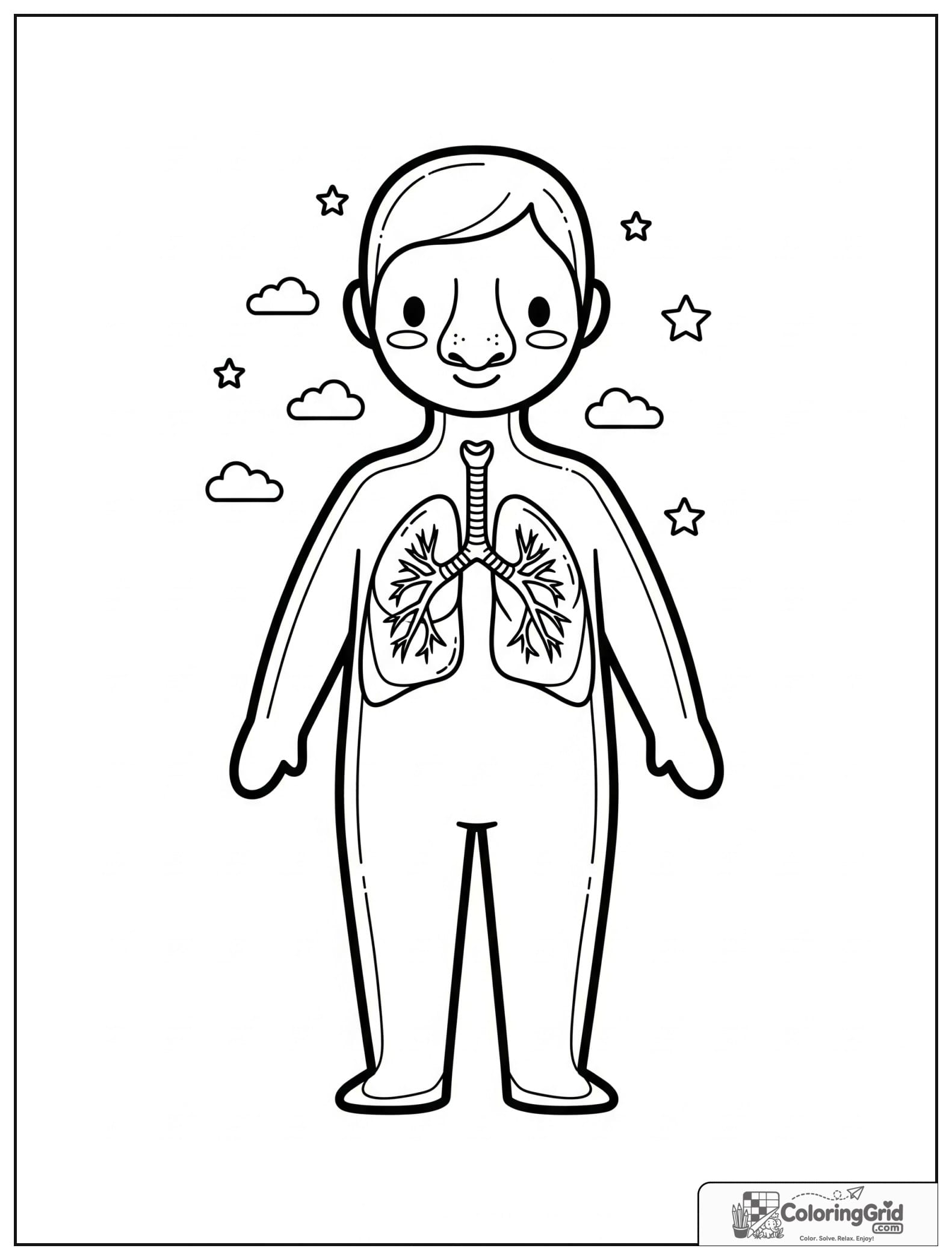 Cute respiratory system full body diagram with small cloud details.