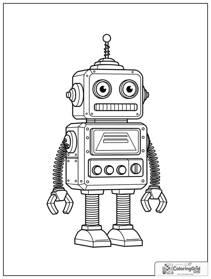 Retro robot with a boxy body and classic antenna.