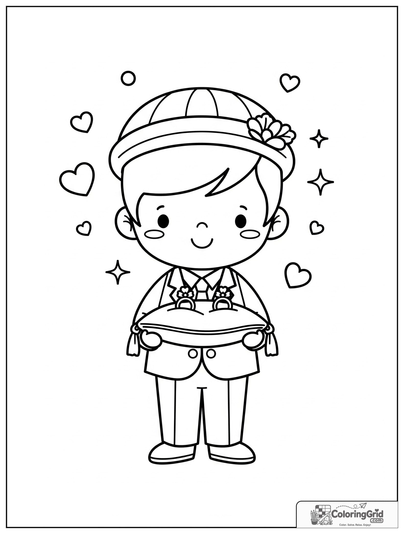 Cute ring bearer holding a pillow with small heart decorations.