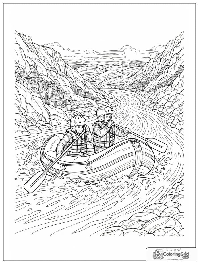 Boat coloring page featuring a river raft boat on gentle rapids.