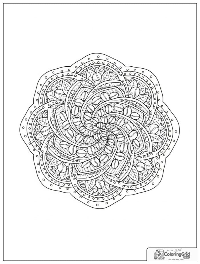 Roasted bean spiral mandala with dotted borders and leafy fillers.