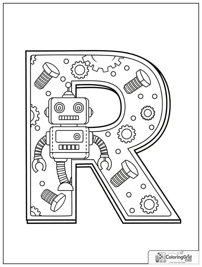 Large letter R decorated with a robot and gear shapes.