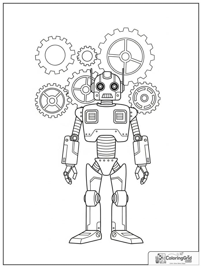 Robot standing with gears in the background.