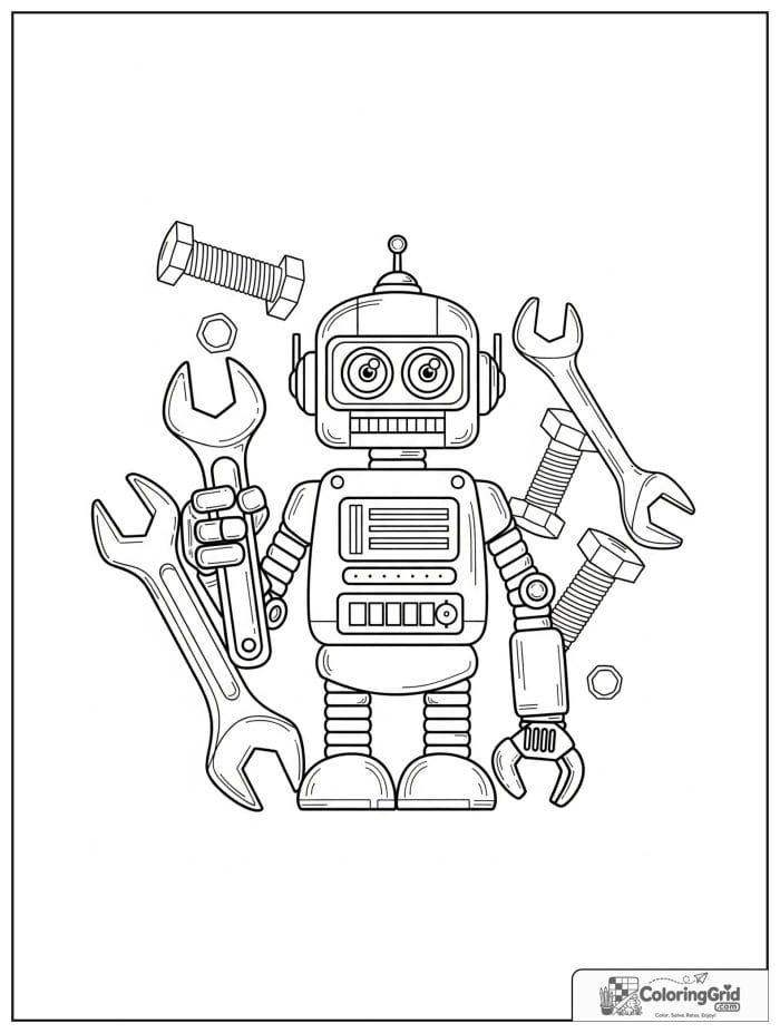 Robot holding a wrench beside tools and bolts.