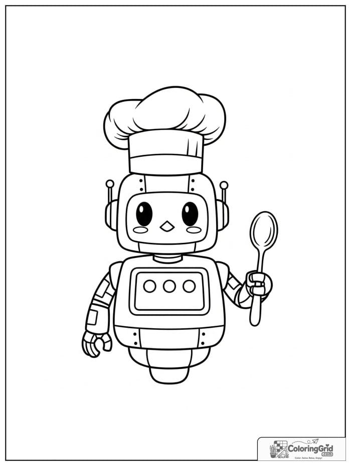 Robot chef wearing a hat and holding a spoon.