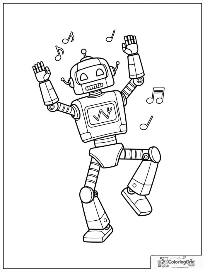 Robot dancing with music notes around it.
