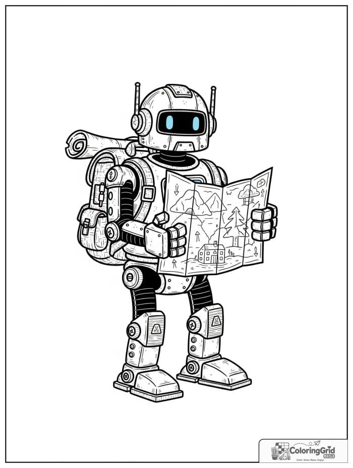 Robot explorer holding a map and wearing a backpack.