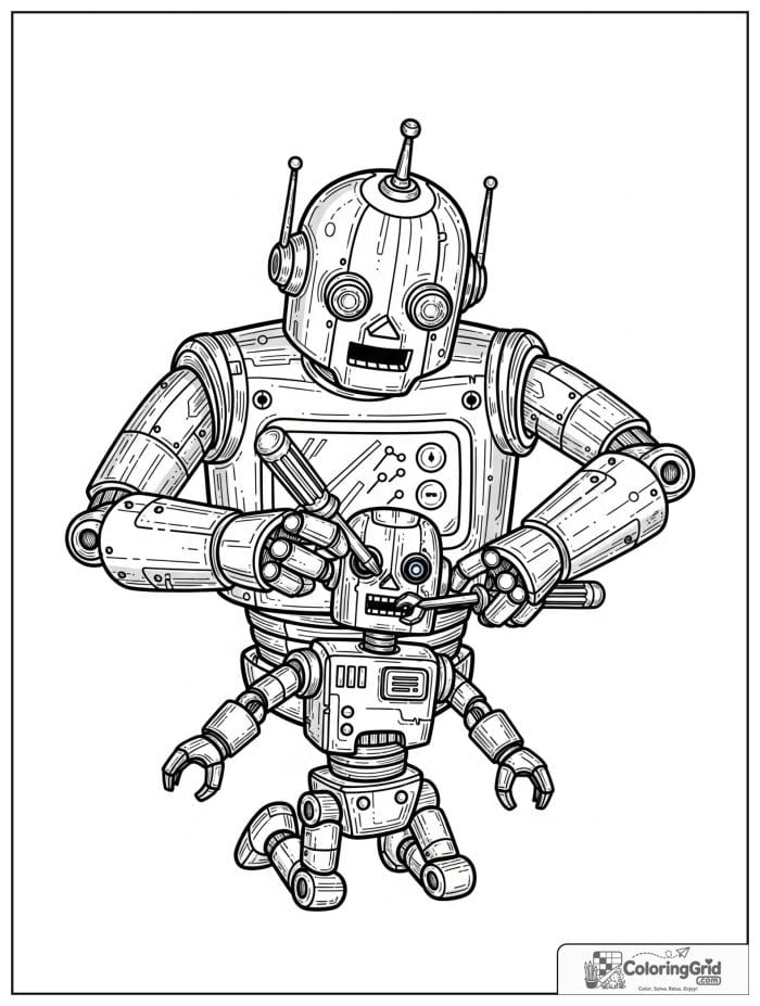 Robot repairing a smaller robot with a screwdriver.