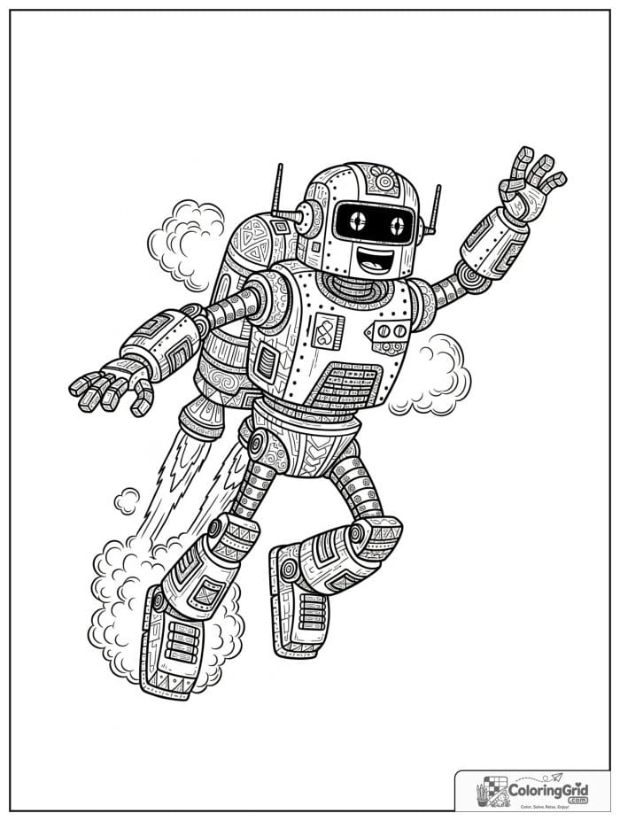 Robot flying with a jetpack and smoke puffs.