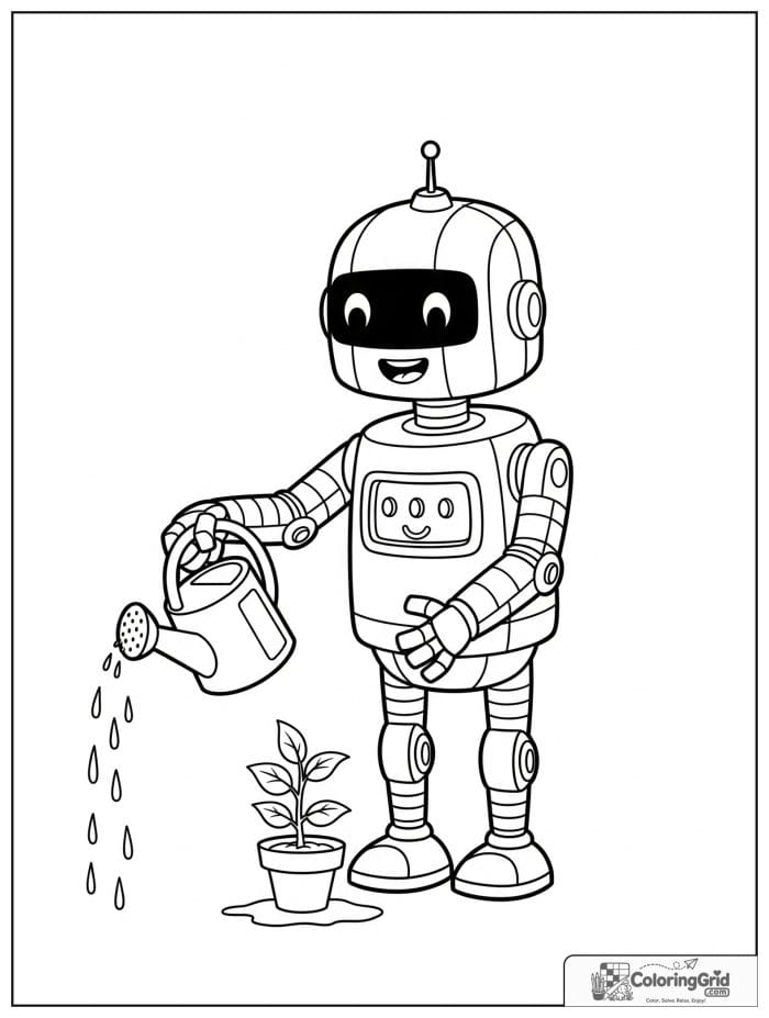 Robot watering a small plant with a watering can.