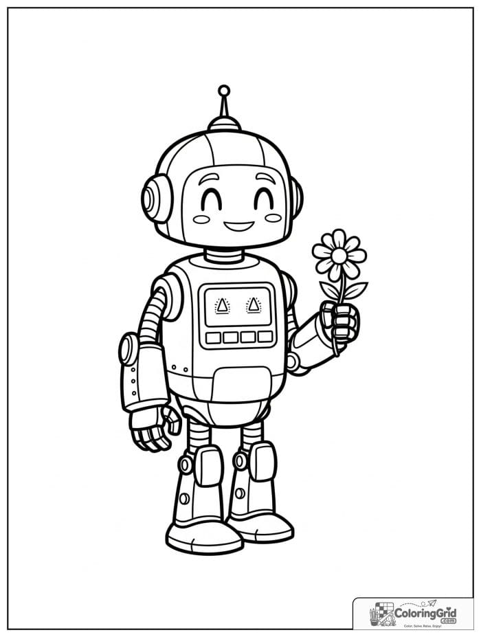 Robot holding a flower with a gentle smile.