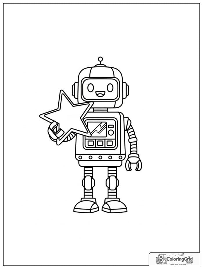Robot holding a large star with a happy face.