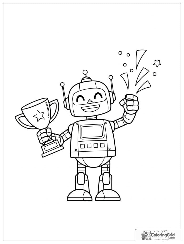 Robot holding a trophy with a proud smile.