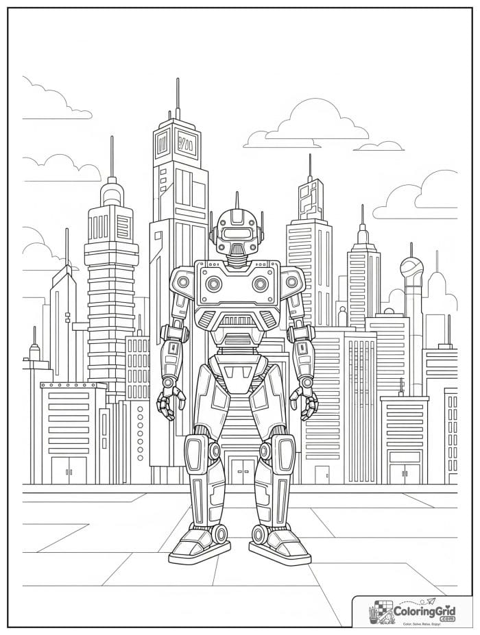 Robot standing in a simple futuristic city scene.