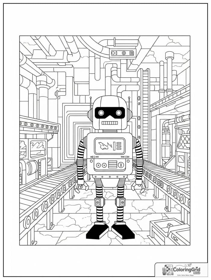 Robot standing inside a simple factory scene.