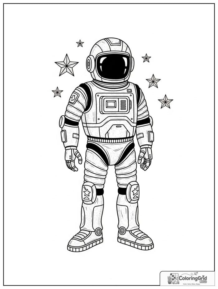 Robot in a space suit with stars around it.