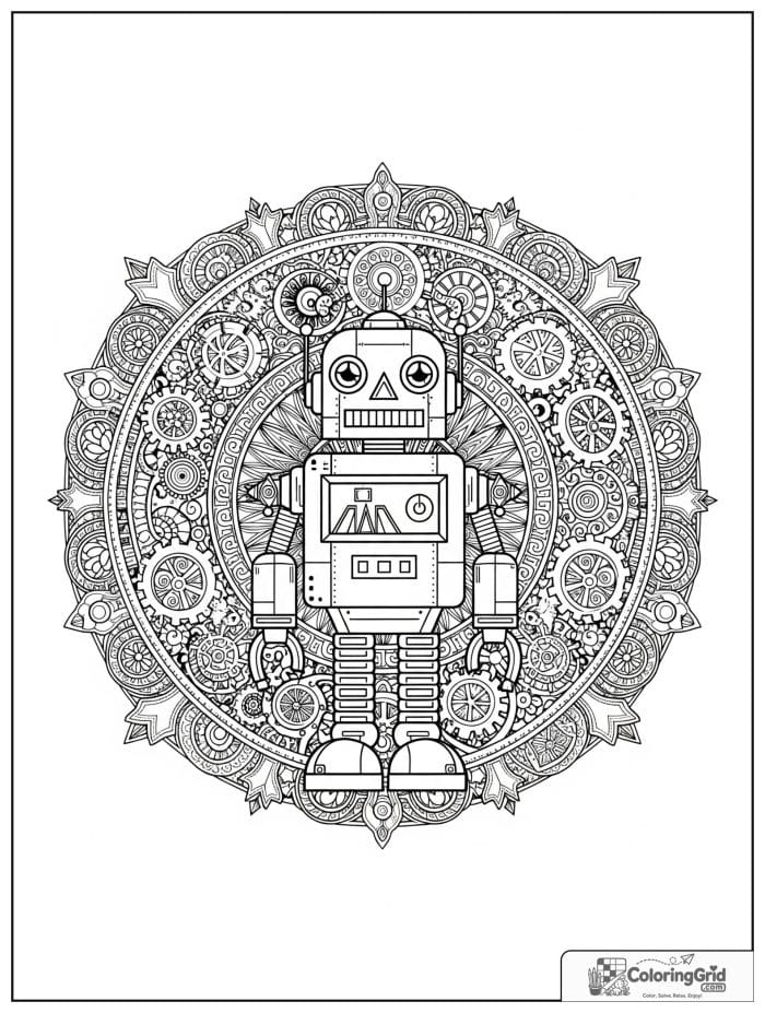 Robot inside a mandala-inspired border with gears and circles.