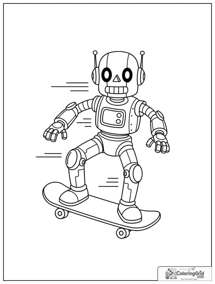 Robot riding a skateboard with motion lines.