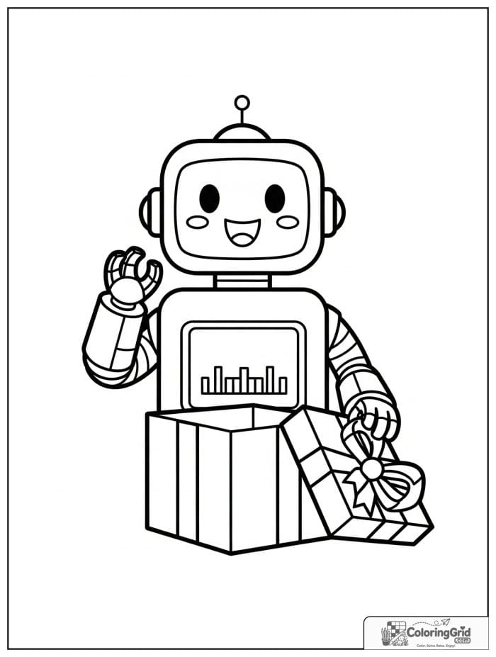Robot opening a gift box with a happy face.