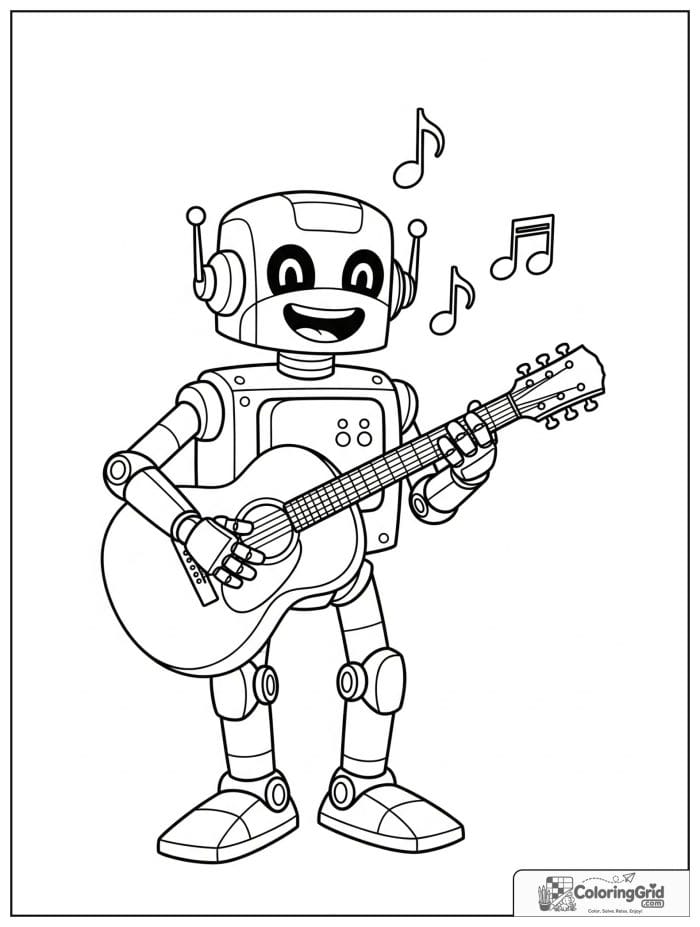 Robot playing a guitar with music notes.