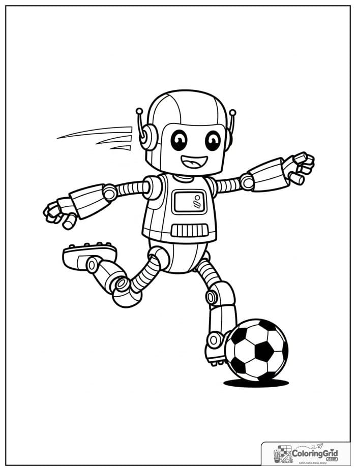 Robot kicking a soccer ball with a sporty pose.
