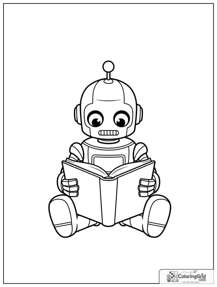 Robot sitting and reading an open book.