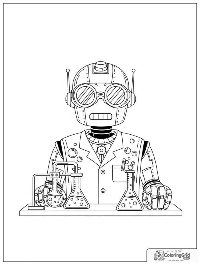 Robot scientist with beakers and simple lab details.