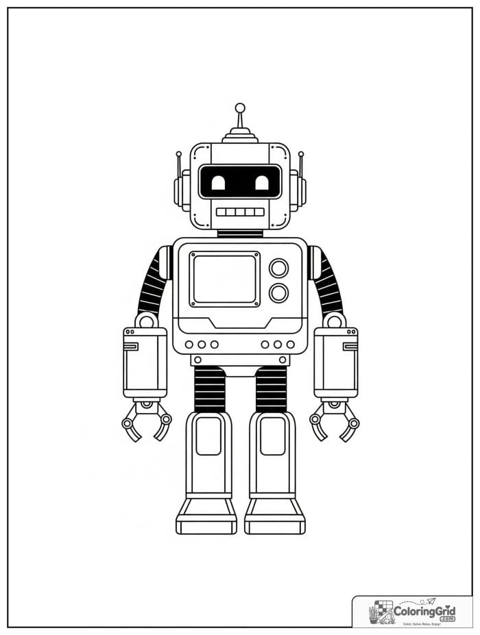 Robot standing in front view with a square body and simple buttons.