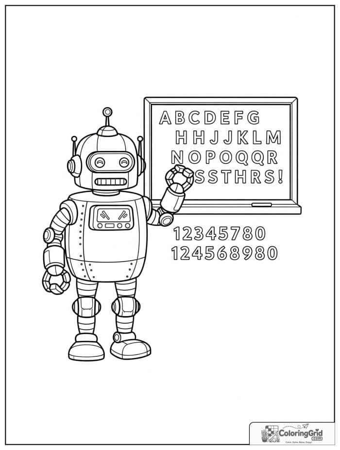Robot teacher standing beside a chalkboard.