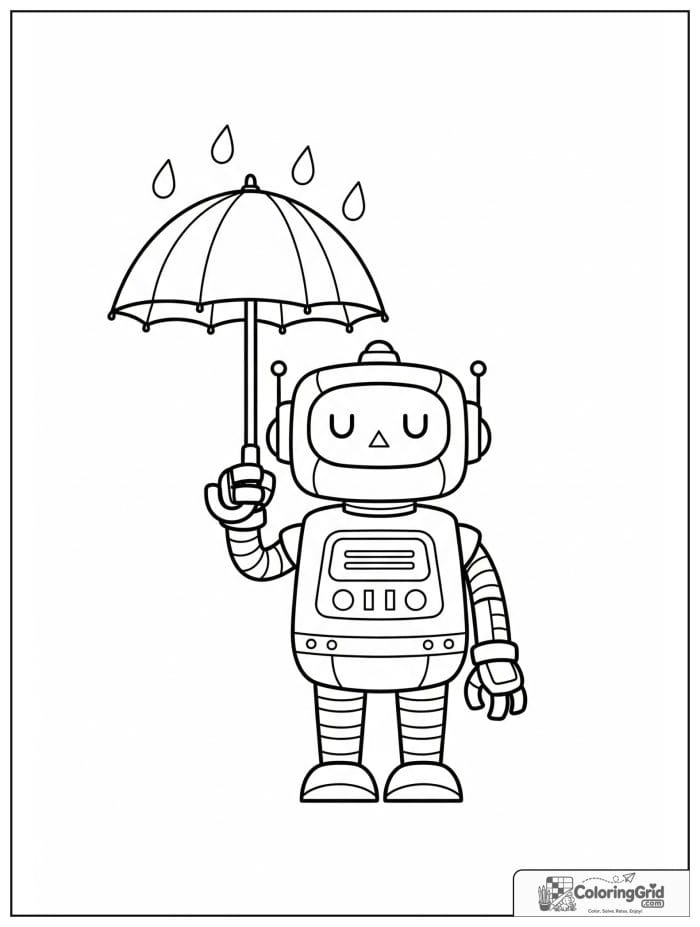 Robot holding an umbrella under simple raindrops.