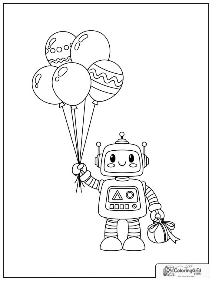 Robot holding round balloons with a cute smile.